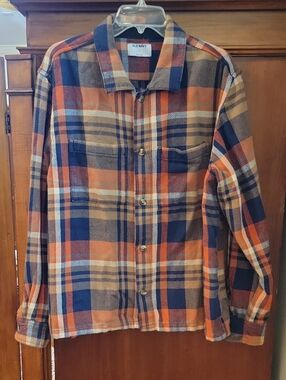 Old Navy | Men's Heavyweight Orange, Navy & Tan Plaid Long Sleeve Shirt - Large